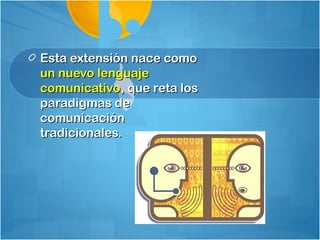 Esta extensión nace como
un nuevo lenguaje
comunicativo, que reta los
paradigmas de
comunicación
tradicionales.
 