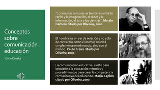 Conceptos
sobre
comunicación
educación
(JohnCanelo)
 “Los medios rompen las fronteras entre la
razón y la imaginación, el saber y la
información, el arte y las ciencias”. Martin
Barbero citado por Oliveira, 2000
 El hombre es un ser de relación y no solo
de contactos como el animal; no está
simplemente en el mundo, sino con el
mundo. Paulo Freire citado por
Oliveira,2000
 La comunicación educativa existe para
brindarle a la educación métodos y
procedimientos para crear la competencia
comunicativa del educando. Mario Kaplún
citado por Oliveira,2000
 