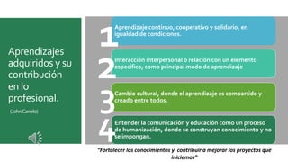 Aprendizajes
adquiridos y su
contribución
en lo
profesional.
(JohnCanelo)
Aprendizaje continuo, cooperativo y solidario, en
igualdad de condiciones.
1Interacción interpersonal o relación con un elemento
especifico, como principal modo de aprendizaje
2Cambio cultural, donde el aprendizaje es compartido y
creado entre todos.
3
Entender la comunicación y educación como un proceso
de humanización, donde se construyan conocimiento y no
se impongan.4“Fortalecer los conocimientos y contribuir a mejorar los proyectos que
iniciemos”
 