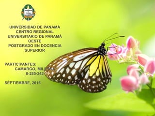 UNIVERSIDAD DE PANAMÁ
CENTRO REGIONAL
UNIVERSITARIO DE PANAMÁ
OESTE
POSTGRADO EN DOCENCIA
SUPERIOR
PARTICIPANTES:
CAMARGO, MILEYKA
8-285-243
SÉPTIEMBRE, 2015
 