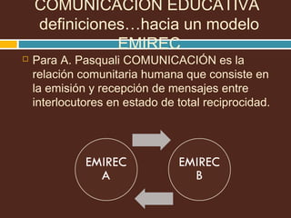 COMUNICACIÓN EDUCATIVA
definiciones…hacia un modelo
EMIREC
 Para A. Pasquali COMUNICACIÓN es la
relación comunitaria humana que consiste en
la emisión y recepción de mensajes entre
interlocutores en estado de total reciprocidad.
 