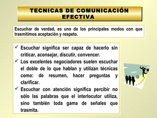 TECNICAS DE COMUNICACIÓNTECNICAS DE COMUNICACIÓN
EFECTIVAEFECTIVA
TECNICAS DE COMUNICACIÓNTECNICAS DE COMUNICACIÓN
EFECTIVAEFECTIVA
Escuchar de verdad, es uno de los principales modos con que
trasmitimos aceptación y respeto.
Escuchar de verdad, es uno de los principales modos con que
trasmitimos aceptación y respeto.
 Escuchar significa ser capaz de hacerlo sin
criticar, aconsejar, discutir, convencer.
 Los excelentes negociadores suelen escuchar
el doble de lo que hablan y utilizan técnicas
como: de resumen, hacer preguntas y
clarificar.
 Escuchar con atención significa percibir no
sólo las palabras que el interlocutor utiliza,
sino también toda gama de señales que
trasmita.
 Escuchar significa ser capaz de hacerlo sin
criticar, aconsejar, discutir, convencer.
 Los excelentes negociadores suelen escuchar
el doble de lo que hablan y utilizan técnicas
como: de resumen, hacer preguntas y
clarificar.
 Escuchar con atención significa percibir no
sólo las palabras que el interlocutor utiliza,
sino también toda gama de señales que
trasmita.
 