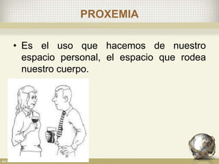 PROXEMIA
• Es el uso que hacemos de nuestro
espacio personal, el espacio que rodea
nuestro cuerpo.
 