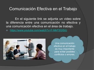 Comunicación Efectiva en el Trabajo
En el siguiente link se adjunta un video sobre
la diferencia entre una comunicación no efectiva y
una comunicación efectiva en el área de trabajo.
 https://www.youtube.com/watch?v=F-MkFSGISiU
Una comunicación
efectiva en el trabajo
es muy importante
para evitar posibles
conflictos o errores.
 
