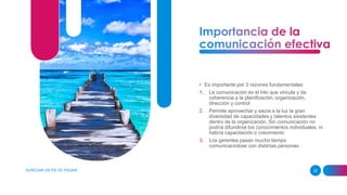 • Es importante por 3 razones fundamentales:
1. La comunicación es el hilo que vincula y da
coherencia a la planificación, organización,
dirección y control
2. Permite aprovechar y sacra a la luz la gran
diversidad de capacidades y talentos existentes
dentro de la organización. Sin comunicación no
podría difundirse los conocimientos individuales, ni
habría capacitación o crecimiento
3. Los gerentes pasan mucho tiempo
comunicacndose con distintas personas.
AGREGAR UN PIE DE PÁGINA 22
 