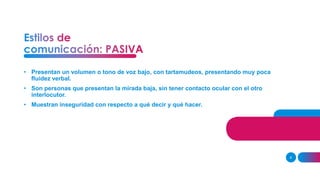 8
• Presentan un volumen o tono de voz bajo, con tartamudeos, presentando muy poca
fluidez verbal.
• Son personas que presentan la mirada baja, sin tener contacto ocular con el otro
interlocutor.
• Muestran inseguridad con respecto a qué decir y qué hacer.
 