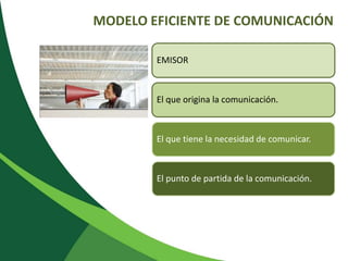 MODELO EFICIENTE DE COMUNICACIÓN 
EMISOR 
El que origina la comunicación. 
El que tiene la necesidad de comunicar. 
El punto de partida de la comunicación. 
 