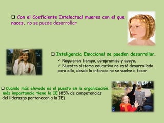  Con el Coeficiente Intelectual mueres con el que
    naces, no se puede desarrollar




                         Inteligencia Emocional se pueden desarrollar.
                            Requieren tiempo, compromiso y apoyo.
                            Nuestro sistema educativo no está desarrollado
                           para ello, desde la infancia no se vuelve a tocar



 Cuando más elevado es el puesto en la organización,
más importancia tiene la IE (85% de competencias
del liderazgo pertenecen a la IE)
 