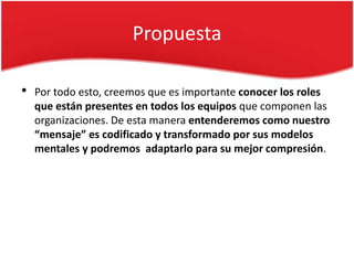 Propuesta

•   Por todo esto, creemos que es importante conocer los roles
    que están presentes en todos los equipos que componen las
    organizaciones. De esta manera entenderemos como nuestro
    “mensaje” es codificado y transformado por sus modelos
    mentales y podremos adaptarlo para su mejor compresión.
 