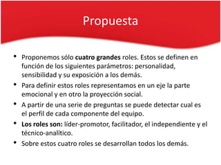 Propuesta

•   Proponemos sólo cuatro grandes roles. Estos se definen en
    función de los siguientes parámetros: personalidad,
    sensibilidad y su exposición a los demás.
•   Para definir estos roles representamos en un eje la parte
    emocional y en otro la proyección social.
•   A partir de una serie de preguntas se puede detectar cual es
    el perfil de cada componente del equipo.
•   Los roles son: líder-promotor, facilitador, el independiente y el
    técnico-analítico.
•   Sobre estos cuatro roles se desarrollan todos los demás.
 