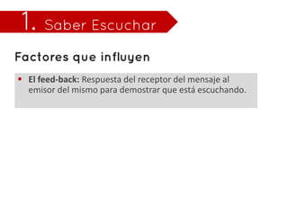  El feed-back: Respuesta del receptor del mensaje al
  emisor del mismo para demostrar que está escuchando.
 