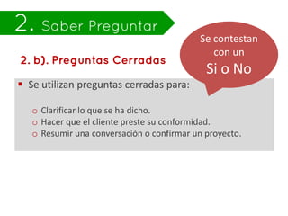 Se contestan
                                              con un
                                             Si o No
 Se utilizan preguntas cerradas para:

   o Clarificar lo que se ha dicho.
   o Hacer que el cliente preste su conformidad.
   o Resumir una conversación o confirmar un proyecto.
 