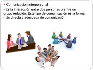  Comunicación interpersonal

- Es la interacción entre dos personas o entre un
grupo reducido. Este tipo de comunicación es la forma
más directa y adecuada de comunicación.

 
