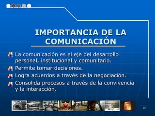 IMPORTANCIA DE LA
             COMUNICACIÓN
   La comunicación es el eje del desarrollo
    personal, institucional y comunitario.
   Permite tomar decisiones.
   Logra acuerdos a través de la negociación.
   Consolida procesos a través de la convivencia
    y la interacción.


                                                    25
 
