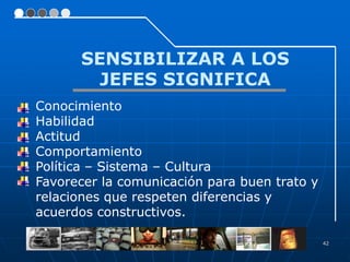 SENSIBILIZAR A LOS
        JEFES SIGNIFICA
Conocimiento
Habilidad
Actitud
Comportamiento
Política – Sistema – Cultura
Favorecer la comunicación para buen trato y
relaciones que respeten diferencias y
acuerdos constructivos.

                                              42
 