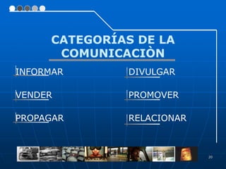 20
CATEGORÍAS DE LA
COMUNICACIÒN
INFORMAR DIVULGAR
VENDER PROMOVER
PROPAGAR RELACIONAR
 