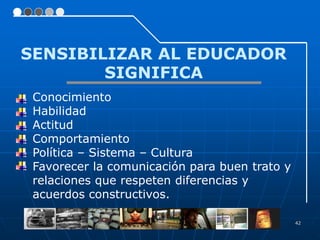 42
SENSIBILIZAR AL EDUCADOR
SIGNIFICA
Conocimiento
Habilidad
Actitud
Comportamiento
Política – Sistema – Cultura
Favorecer la comunicación para buen trato y
relaciones que respeten diferencias y
acuerdos constructivos.
 