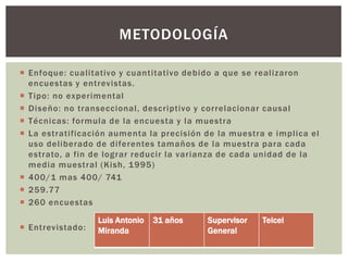  Enfoque: cualitativo y cuantitativo debido a que se realizaron
encuestas y entrevistas.
 Tipo: no experimental
 Diseño: no transeccional, descriptivo y correlacionar causal
 Técnicas: formula de la encuesta y la muestra
 La estratificación aumenta la precisión de la muestra e implica el
uso deliberado de diferentes tamaños de la muestra para cada
estrato, a fin de lograr reducir la varianza de cada unidad de la
media muestral (Kish, 1995)
 400/1 mas 400/ 741
 259.77
 260 encuestas
 Entrevistado:
METODOLOGÍA
Luis Antonio
Miranda
31 años Supervisor
General
Telcel
 