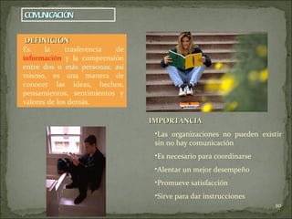 COMUNICACIÓN   IMPORTANCIA Las organizaciones no pueden existir sin no hay comunicación Es necesario para coordinarse Alentar un mejor desempeño Promueve satisfacción Sirve para dar instrucciones   DEFINICIÓN Es la trasferencia de  información  y la comprensión  entre dos o más personas; así  mismo, es una manera de conocer las ideas, hechos, pensamientos, sentimientos y valores de los demás. 