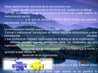 Otras clasificaciones comunes de la comunicación son:
Verbal: aquella que se produce de forma oral, basada en el diálogo
No verbal: aquella que no se produce de forma oral, puede tratarse de
comunicación escrita
o la que se produce a través de la mirada, las posturas,
expresiones, movimientos.
La comunicación también puede dividirse en:
Formal o institucional: Aquella que se realiza mediante comunicados u otras
herramientas oficiales
y que contiene un mensaje supervisado por la jerarquía de la organización.
Informal: Aquella que es establecida entre los empleados de una
organización. En muchos
casos este tipo de comunicación es más fuerte que la formal y
ignorarla puede afectar al
desarrollo de la organización.
podemos dividir la comunicación en:
Organizada: Aquella que se realiza en base a un plan y herramientas
planificadas.
Improvisada: Es la que tiene lugar cuando no se planifica la
 