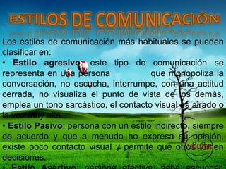 Los estilos de comunicación más habituales se pueden
clasificar en:
• Estilo agresivo: este tipo de comunicación se
representa en una persona que monopoliza la
conversación, no escucha, interrumpe, con una actitud
cerrada, no visualiza el punto de vista de los demás,
emplea un tono sarcástico, el contacto visual es airado o
la voz muy alta.
• Estilo Pasivo: persona con un estilo indirecto, siempre
de acuerdo y que a menudo no expresa su opinión,
existe poco contacto visual y permite que otros tomen
decisiones.
 