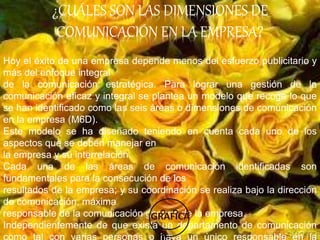 ¿CUÁLES SON LAS DIMENSIONES DE
COMUNICACIÓN EN LA EMPRESA?
Hoy el éxito de una empresa depende menos del esfuerzo publicitario y
más del enfoque integral
de la comunicación estratégica. Para lograr una gestión de la
comunicación eficaz y integral se plantea un modelo que recoge lo que
se han identificado como las seis áreas o dimensiones de comunicación
en la empresa (M6D).
Este modelo se ha diseñado teniendo en cuenta cada uno de los
aspectos que se deben manejar en
la empresa y su interrelación.
Cada una de las áreas de comunicación identificadas son
fundamentales para la consecución de los
resultados de la empresa; y su coordinación se realiza bajo la dirección
de comunicación, máxima
responsable de la comunicación general de la empresa.
Independientemente de que exista un departamento de comunicación
 