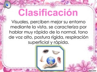 Clasificación
Visuales, perciben mejor su entorno
mediante la vista, se caracteriza por
hablar muy rápido de lo normal, tono
de voz alto, postura rígida, respiración
superficial y rápida.

 