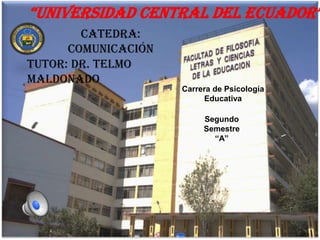 “universidad Central del eCuador”
Catedra:
Comunicación
Tutor: Dr. Telmo
Maldonado
Carrera de Psicología
Educativa

Segundo
Semestre
“A”

 