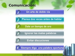 Comunicación:

    1      Un arte de doble via


    2   Piensa dos veces antes de hablar

    3     Dale un tiempo de oro

    4     Ignorar las malas palabras

    5       Evitar discuciones

   6 Siempre diga una palabra oportuna
 