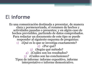 El informe 
Es una comunicación destinada a presentar, de manera 
clara y pormenorizada, el resumen de hechos y 
actividades pasadas o presentes; y en algún caso de 
hechos previsibles, partiendo de datos comprobados. 
Para redactar un documento de este tipo se puede 
responder al siguiente esquema de preguntas: 
1) ¿Qué es lo que se investiga exactamente? 
2) ¿Por qué? 
3) ¿Según qué método? 
4) ¿Cuáles son los resultados? 
5) ¿Cuáles son las conclusiones? 
Tipos de informe: informe expositivo, informe 
interpretativo e informe demostrativo. 
 
