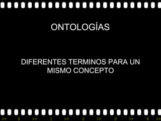 ONTOLOGÍAS


         DIFERENTES TERMINOS PARA UN
               MISMO CONCEPTO




>>   0     >>   1   >>   2   >>   3   >>   4   >>
 
