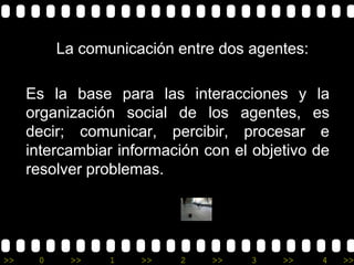 La comunicación entre dos agentes:

     Es la base para las interacciones y         la
     organización social de los agentes,        es
     decir; comunicar, percibir, procesar         e
     intercambiar información con el objetivo   de
     resolver problemas.




>>    0    >>    1   >>    2   >>    3   >>      4    >>
 