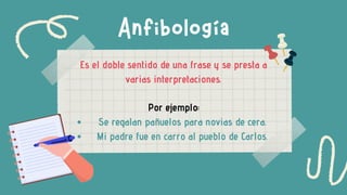 Anfibología
Es el doble sentido de una frase y se presta a
varias interpretaciones.
Se regalan pañuelos para novias de cera.
Mi padre fue en carro al pueblo de Carlos.
Por ejemplo:
 