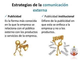 Estrategias de la comunicación
externa
 Publicidad
Es la forma más conocida
en la que la empresa se
relaciona con el público
externo con los productos
o servicios de la empresa.
 Publicidad institucional
Difiere de la publicidad en
que esta se enfoca a la
empresa y no a los
productos.
 