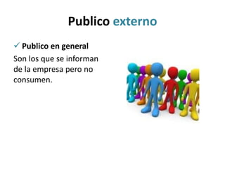 Publico externo
 Publico en general
Son los que se informan
de la empresa pero no
consumen.
 