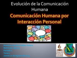 Evolución de la Comunicación
Humana
Nombre: CarolinaValdez Sotero
Matricula: 283173
Periodo 1
Tarea 1
Jueves 21 de Agosto del 2014
 