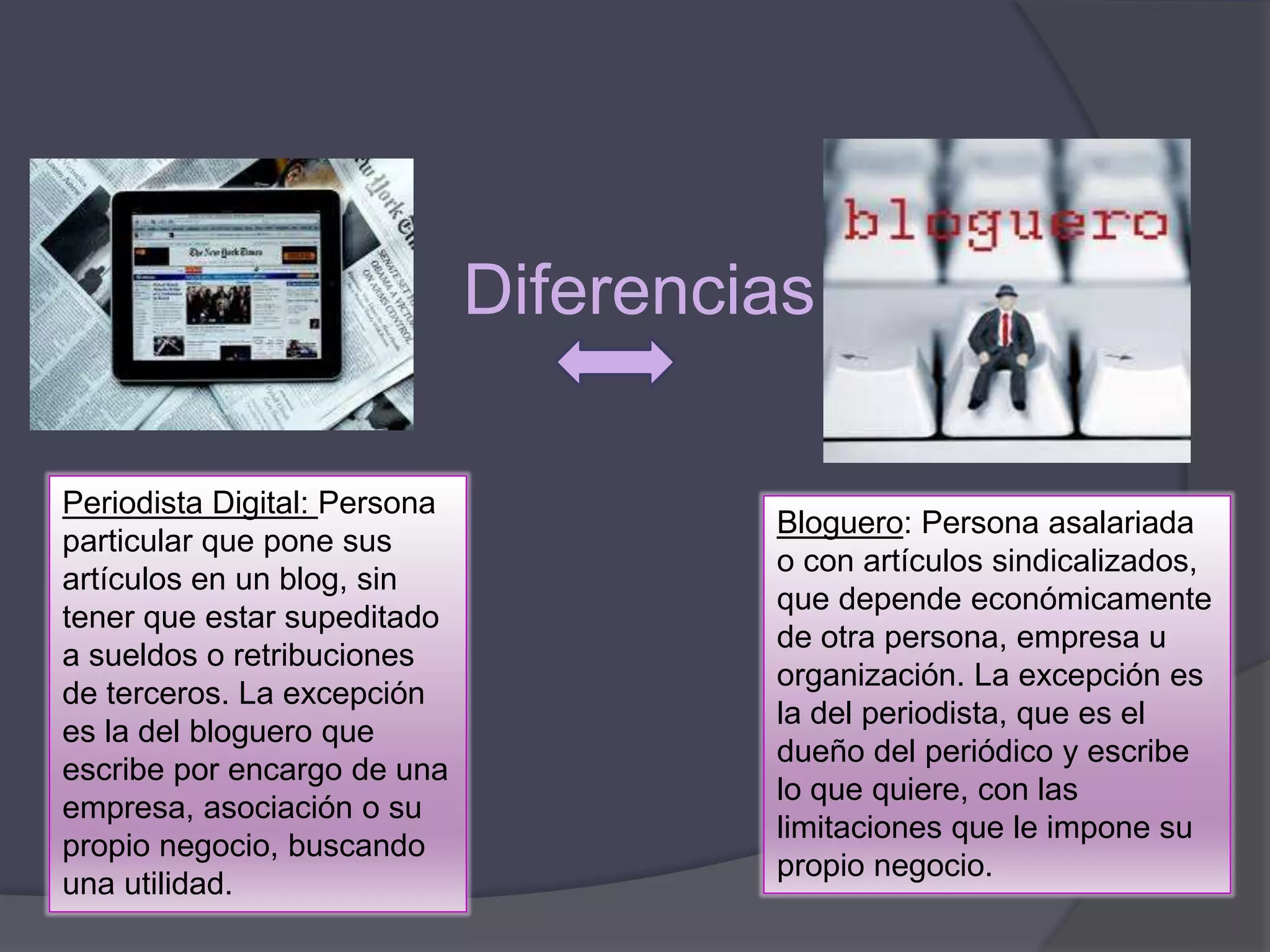 Diferencias
Periodista Digital: Persona
particular que pone sus
artículos en un blog, sin
tener que estar supeditado
a sueldos o retribuciones
de terceros. La excepción
es la del bloguero que
escribe por encargo de una
empresa, asociación o su
propio negocio, buscando
una utilidad.
Bloguero: Persona asalariada
o con artículos sindicalizados,
que depende económicamente
de otra persona, empresa u
organización. La excepción es
la del periodista, que es el
dueño del periódico y escribe
lo que quiere, con las
limitaciones que le impone su
propio negocio.
 