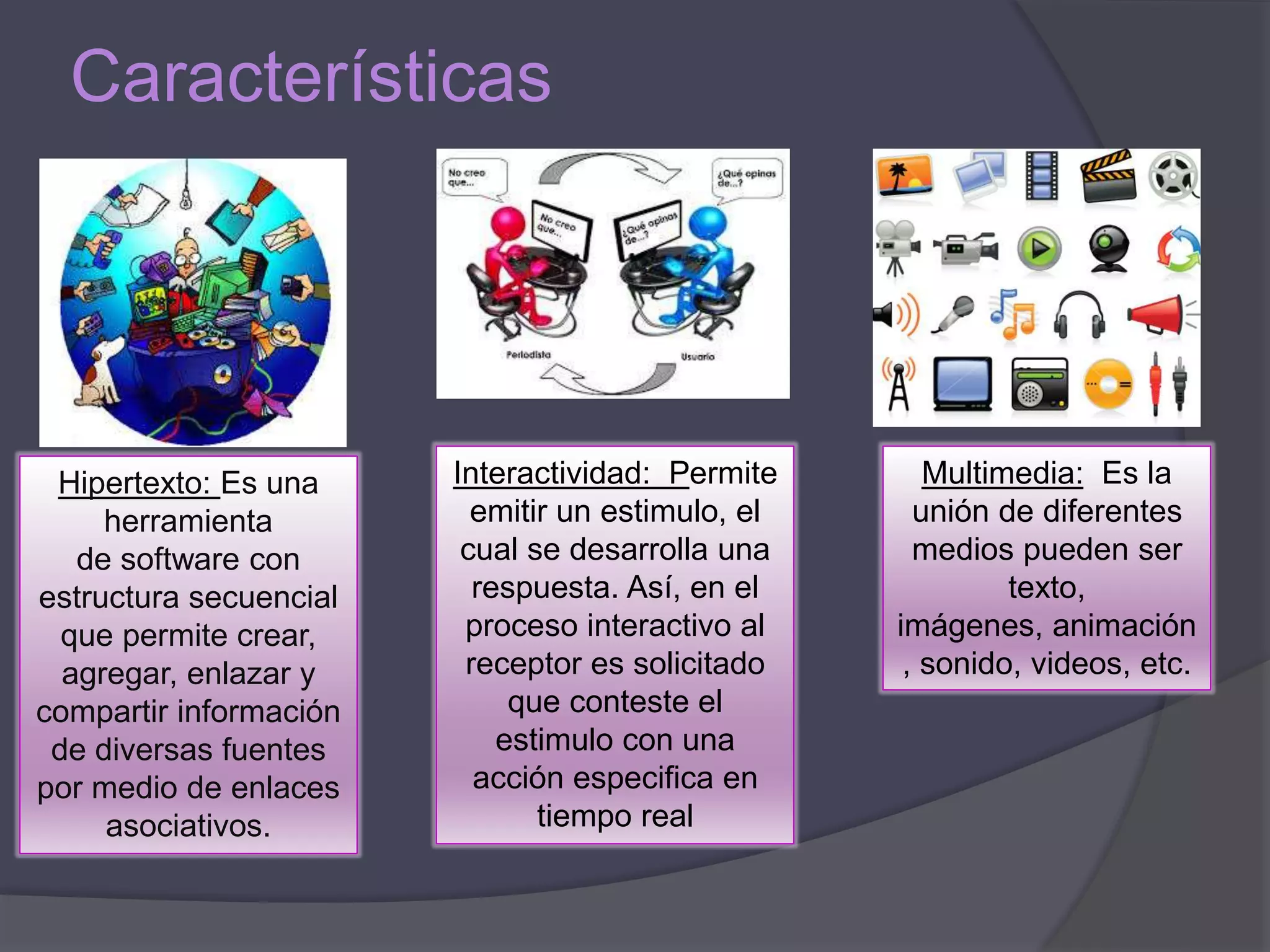 Características
Hipertexto: Es una
herramienta
de software con
estructura secuencial
que permite crear,
agregar, enlazar y
compartir información
de diversas fuentes
por medio de enlaces
asociativos.
Interactividad: Permite
emitir un estimulo, el
cual se desarrolla una
respuesta. Así, en el
proceso interactivo al
receptor es solicitado
que conteste el
estimulo con una
acción especifica en
tiempo real
Multimedia: Es la
unión de diferentes
medios pueden ser
texto,
imágenes, animación
, sonido, videos, etc.
 