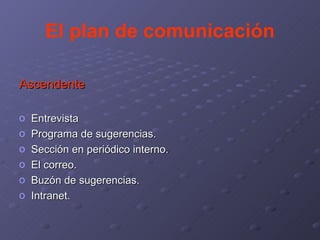 El plan de comunicación Ascendente Entrevista Programa de sugerencias. Sección en periódico interno. El correo. Buzón de sugerencias. Intranet. 
