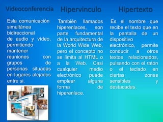 Videoconferencia       Hipervinculo               Hipertexto
Esla comunicación      También llamados        Es el nombre que
simultánea            hiperenlaces,     son   recibe el texto que en
bidireccional         parte fundamental       la pantalla de un
de audio y vídeo,     de la arquitectura de   dispositivo
permitiendo           la World Wide Web,      electrónico, permite
mantener              pero el concepto no     conducir     a    otros
reuniones       con   se limita al HTML o     textos relacionados,
grupos           de   a la Web. Casi          pulsando con el ratón
personas situadas     cualquier       medio   o el teclado en
en lugares alejados   electrónico    puede    ciertas          zonas
entre si.             emplear        alguna   sensibles             y
                      forma              de   destacadas.
                      hiperenlace.
 