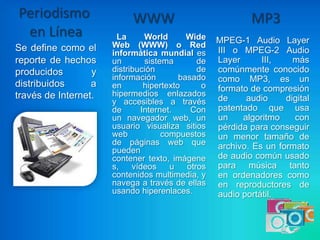 Periodismo                 WWW                              MP3
 en Línea               La     World       Wide    MPEG-1 Audio Layer
Se define como el     Web (WWW) o Red
                      informática mundial es       III o MPEG-2 Audio
reporte de hechos     un       sistema        de   Layer      III,    más
producidos        y   distribución            de   comúnmente conocido
                      información        basado    como MP3, es un
distribuidos      a   en       hipertexto      o   formato de compresión
través de Internet.   hipermedios enlazados
                      y accesibles a través        de     audio     digital
                      de      Internet.     Con    patentado que usa
                      un navegador web, un         un    algoritmo    con
                      usuario visualiza sitios     pérdida para conseguir
                      web           compuestos     un menor tamaño de
                      de páginas web que           archivo. Es un formato
                      pueden
                      contener texto, imágene      de audio común usado
                      s,    vídeos    u    otros   para música tanto
                      contenidos multimedia, y     en ordenadores como
                      navega a través de ellas     en reproductores de
                      usando hiperenlaces.         audio portátil.
 