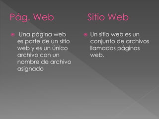 

Una página web
es parte de un sitio
web y es un único
archivo con un
nombre de archivo
asignado



Un sitio web es un
conjunto de archivos
llamados páginas
web.

 