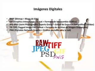 Imágenes Digitales
• BMP (Bitmap = Mapa de bits)
• GIF (Graphics Interchange Format = Formato de Intercambio Gráfico)
• JPG-JPEG (Joint Photographic Experts Group = Grupo de Expertos Fotográficos Unidos)
• TIF-TIFF (Tagged Image File Format = Formato de Archivo de Imagen Etiquetada)
• PNG (Portable Network Graphic = Gráfico portable para la red)
 