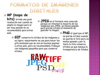  MP (mapa de 
bits) brinda una gran 
 JPEG es el formato mas conocido 
resolución aun cuando se 
amplíe la imagen pero al 
porque en internet la mayoría de las 
imágenes son JPEG, es menos pesado 
ser muy pesada no es 
pero pierde nitidez al momento de 
recomendable para sitios 
guardar la imagen. 
web.  PNG al igual que el MP, 
 GIF conserva la nitidez de las imágenes y 
es ligero, mayormente se usa para hacer los 
gifs animados que se ven en muchas paginas 
o sitios web, pero es recomendable trabajar 
con imágenes pequeñas para que conserve 
nitidez. 
no pierde nitidez cuando 
se guarda la foto pero es 
menos pesado y por lo 
tanto la foto conserva 
nitidez ya que maneja la 
transparencia de fondos. 
 