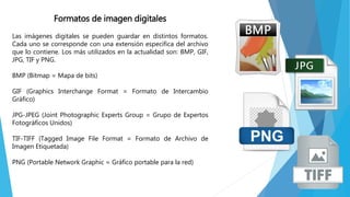 Formatos de imagen digitales
Las imágenes digitales se pueden guardar en distintos formatos.
Cada uno se corresponde con una extensión específica del archivo
que lo contiene. Los más utilizados en la actualidad son: BMP, GIF,
JPG, TIF y PNG.
BMP (Bitmap = Mapa de bits)
GIF (Graphics Interchange Format = Formato de Intercambio
Gráfico)
JPG-JPEG (Joint Photographic Experts Group = Grupo de Expertos
Fotográficos Unidos)
TIF-TIFF (Tagged Image File Format = Formato de Archivo de
Imagen Etiquetada)
PNG (Portable Network Graphic = Gráfico portable para la red)
 