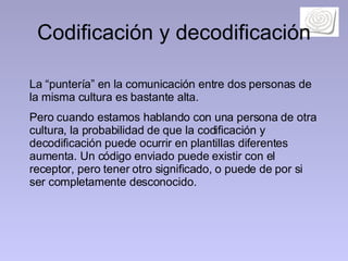 Codificación y decodificación La “puntería” en la comunicación entre dos personas de la misma cultura es bastante alta.  Pero cuando estamos hablando con una persona de otra cultura, la probabilidad de que la codificación y decodificación puede ocurrir en plantillas diferentes aumenta. Un código enviado puede existir con el receptor, pero tener otro significado, o puede de por si ser completamente desconocido.  