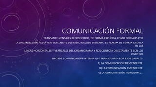 COMUNICACIÓN FORMAL 
TRANSMITE MENSAJES RECONOCIDOS, DE FORMA EXPLÍCITA, COMO OFICIALES POR 
LA ORGANIZACIÓN Y ESTÁ PERFECTAMENTE DEFINIDA, INCLUSO DIBUJADA. SE PLASMA DE FORMA GRÁFICA 
EN LAS 
LÍNEAS HORIZONTALES Y VERTICALES DEL ORGANIGRAMA Y NOS CONECTA DIRECTAMENTE CON LOS 
DISTINTOS 
TIPOS DE COMUNICACIÓN INTERNA QUE TRANSCURREN POR ESOS CANALES: 
A) LA COMUNICACIÓN DESCENDENTE. 
B) LA COMUNICACIÓN ASCENDENTE. 
C) LA COMUNICACIÓN HORIZONTAL. . 
 