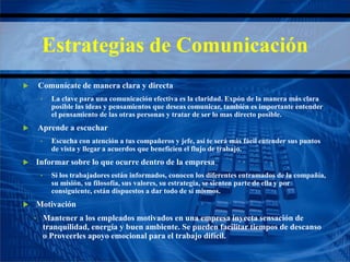 Estrategias de Comunicación
 Comunícate de manera clara y directa
• La clave para una comunicación efectiva es la claridad. Expón de la manera más clara
posible las ideas y pensamientos que deseas comunicar, también es importante entender
el pensamiento de las otras personas y tratar de ser lo mas directo posible.
 Aprende a escuchar
• Escucha con atención a tus compañeros y jefe, así te será más fácil entender sus puntos
de vista y llegar a acuerdos que beneficien el flujo de trabajo.
 Informar sobre lo que ocurre dentro de la empresa
• Si los trabajadores están informados, conocen los diferentes entramados de la compañía,
su misión, su filosofía, sus valores, su estrategia, se sienten parte de ella y por
consiguiente, están dispuestos a dar todo de sí mismos.
 Motivación
• Mantener a los empleados motivados en una empresa inyecta sensación de
tranquilidad, energía y buen ambiente. Se pueden facilitar tiempos de descanso
o Proveerles apoyo emocional para el trabajo difícil.
 