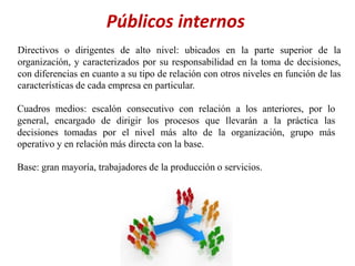 Públicos internos
Directivos o dirigentes de alto nivel: ubicados en la parte superior de la
organización, y caracterizados por su responsabilidad en la toma de decisiones,
con diferencias en cuanto a su tipo de relación con otros niveles en función de las
características de cada empresa en particular.
Cuadros medios: escalón consecutivo con relación a los anteriores, por lo
general, encargado de dirigir los procesos que llevarán a la práctica las
decisiones tomadas por el nivel más alto de la organización, grupo más
operativo y en relación más directa con la base.
Base: gran mayoría, trabajadores de la producción o servicios.
 