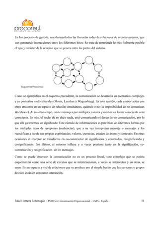 Raúl Herrera Echenique – PhD© en Comunicación Organizacional – UMA - España 11
En los procesos de gestión, son desarrolladas las llamadas redes de relaciones de acontecimientos, que
van generando interacciones entre los diferentes hitos. Se trata de reproducir lo más fielmente posible
el tipo y carácter de la relación que se genera entre las partes del sistema.
Como se ejemplifica en el esquema precedente, la comunicación se desarrolla en escenarios complejos
y en contextos multiculturales (Morin, Lumhan y Wagensberg). En este sentido, cada emisor actúa con
otros emisores en un espacio de relación simultáneos, quiéralo o no (la imposibilidad de no comunicar,
Watzlawic). Al mismo tiempo, emite mensajes por múltiples canales y medios en forma consciente o no
consciente. Es más, el hecho de no decir nada, está comunicando el deseo de no comunicación, por lo
que allí ya tenemos un significado. Este cúmulo de informaciones es percibido de diferentes formas por
los múltiples tipos de receptores (audiencias), que a su vez interpretan mensaje o mensajes y los
recodifican a luz de sus propias experiencias; valores, creencias, estados de ánimo y contextos. En otras
ocasiones el receptor se transforma en co-constructor de significados y contenidos, resignificando y
cosignificando. Por último, el entorno influye y a veces presiona tanto en la significación, co-
construcción y resignificación de los mensajes.
Como se puede observar, la comunicación no es un proceso lineal, sino complejo que se podría
esquematizar como una serie de círculos que se interrelacionan, a veces se intersectan y en otras, se
unen. Es un espacio y red de relaciones que se produce por el simple hecho que las personas o grupos
de ellos están en constante interacción.
Esquema Proconsul
 